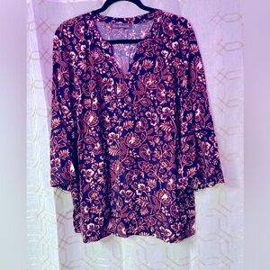 Gloria Vanderbilt Red and Blue Boxy 3/4 Sleeve Blouse